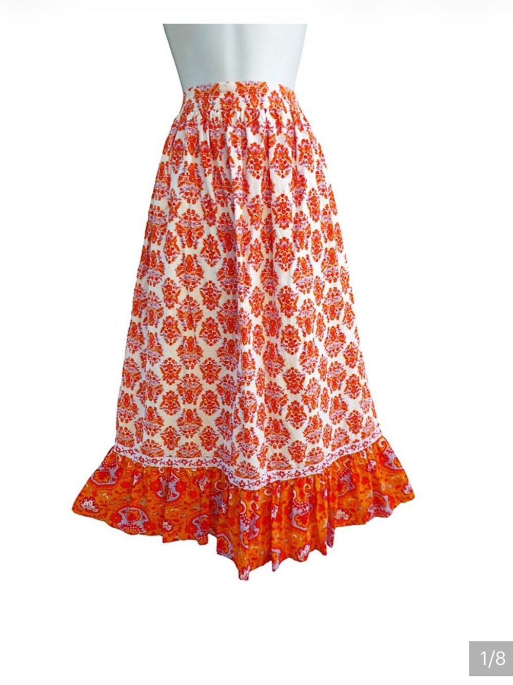 Marigold Orange Boho Floral
Motif Midi Skirt Damask
Contrasting Ruffle Cotton